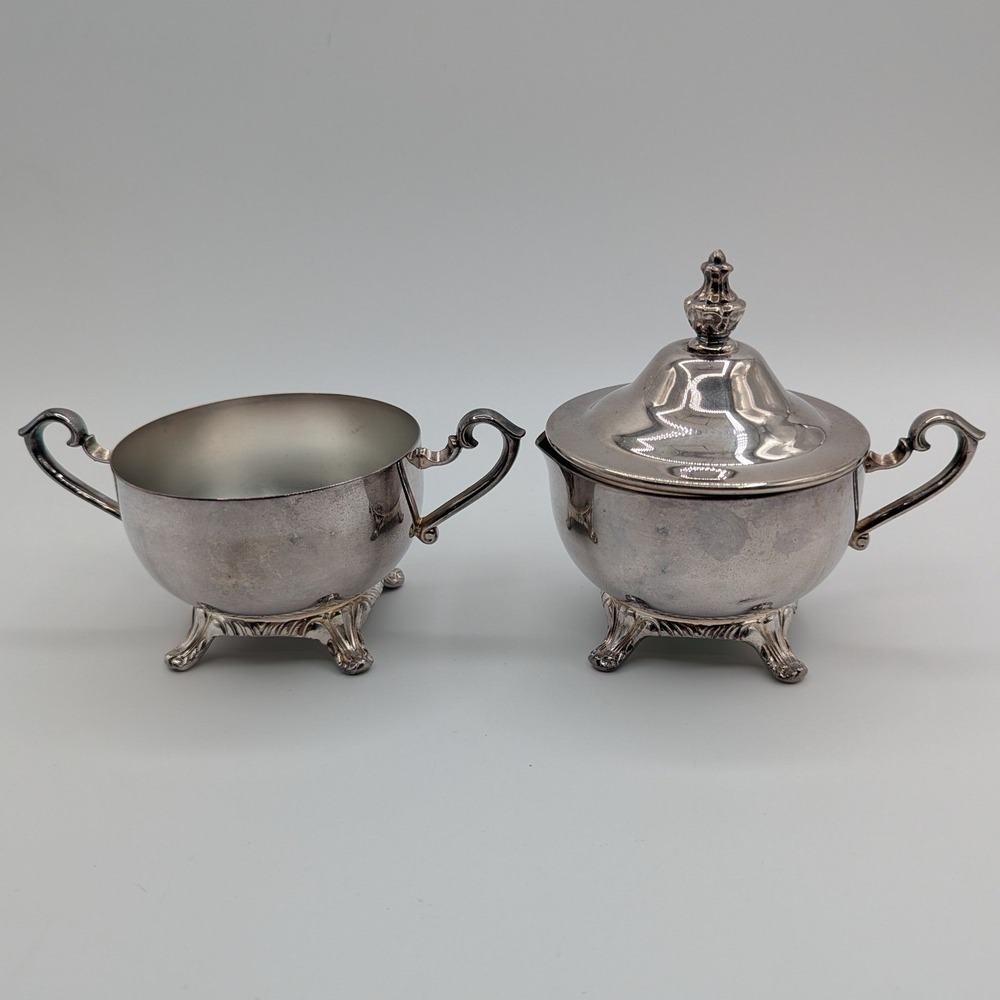 WM Rogers Silverplate Footed Sugar Bowl with Lid and Creamer Set Vintage Silver